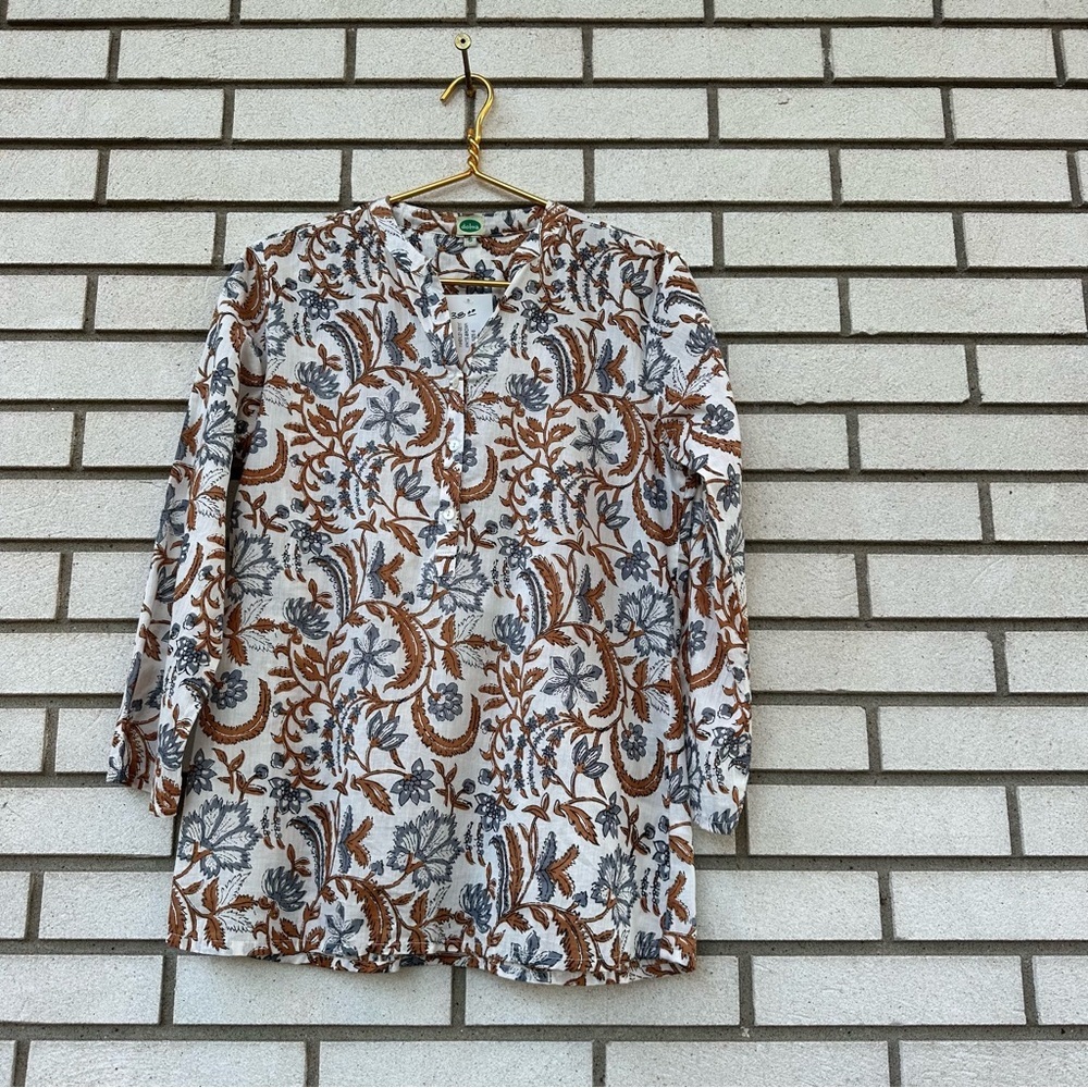 NWT Dolma India Floral Block Print Cotton Henley Tunic Top Boho Cottagecore S